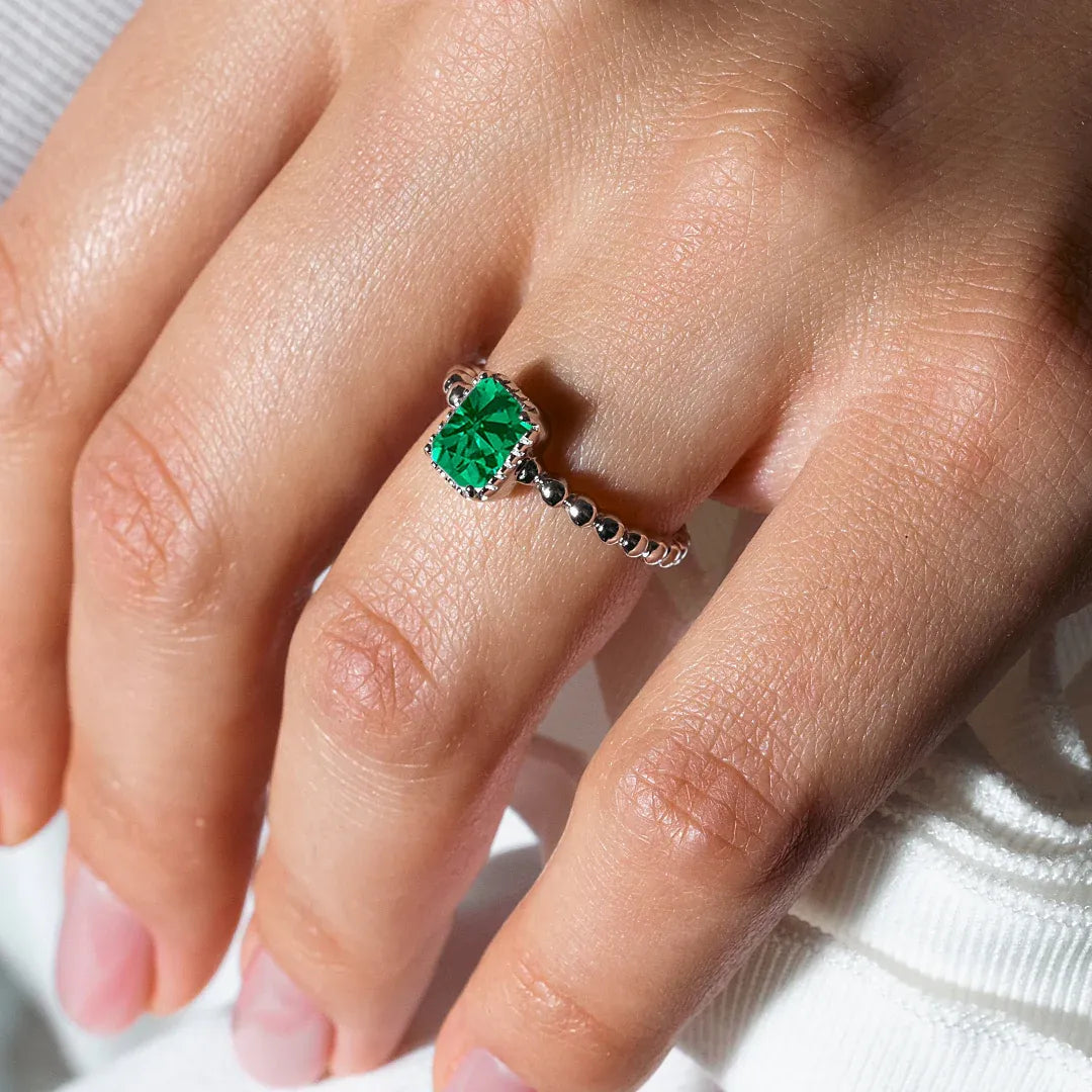925 Sterling Silver Rhodium Plated May Beaded Shank Square Center Birthstone Ring