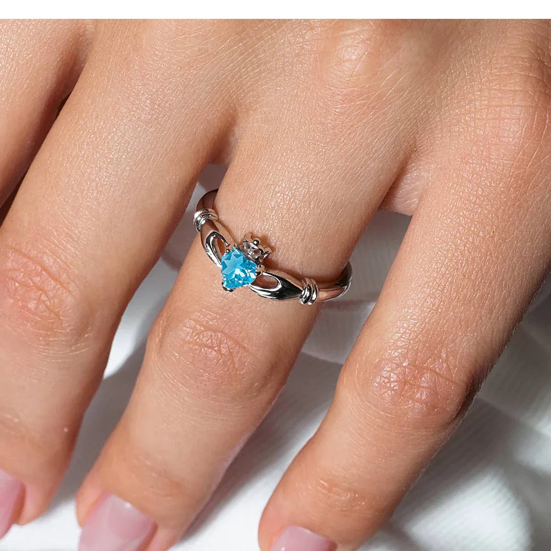925 Sterling Silver Rhodium Plated CZ Center December Birthstone Claddagh Ring