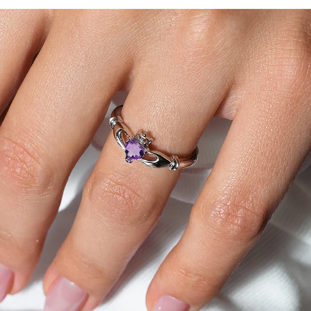 925 Sterling Silver February Rhodium Plated CZ Center Birthstone Claddagh Ring