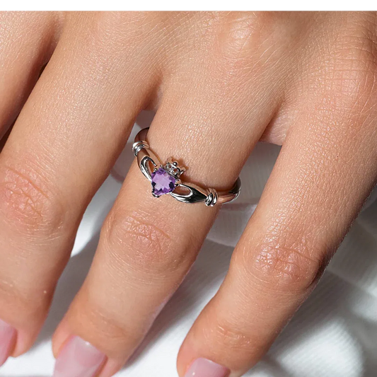 925 Sterling Silver February Rhodium Plated CZ Center Birthstone Claddagh Ring