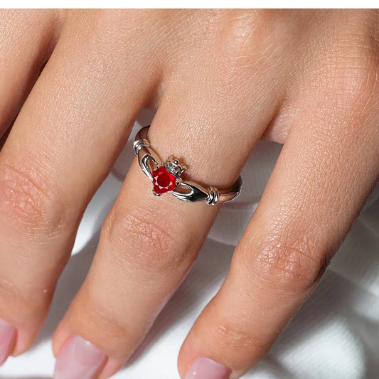 925 Sterling Silver July Rhodium Plated CZ Center Birthstone Claddagh Ring