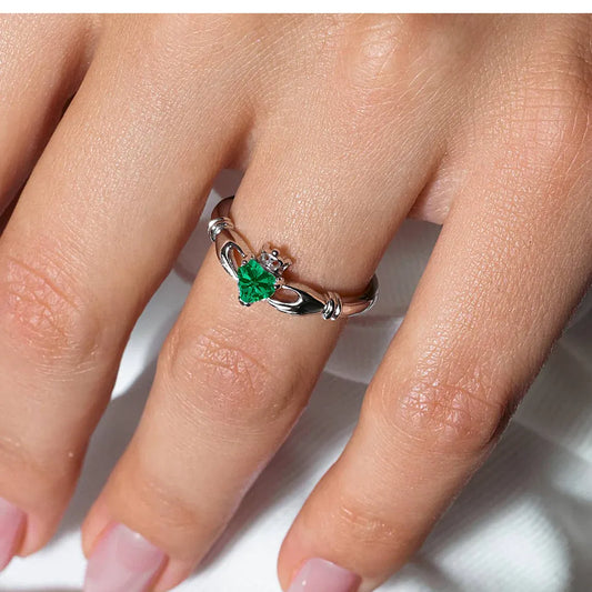 925 Rhodium Plated May Sterling Silver CZ Center Birthstone Claddagh Ring