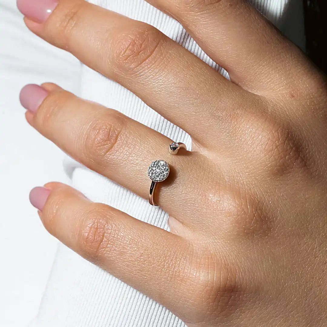 925 Sterling Silver Rhodium Plated Open Ring with Round CZ and CZ Circle