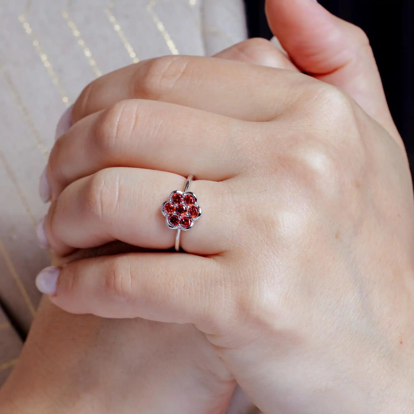 925 Sterling Silver Rhodium Plated Flower Ring with Red CZ