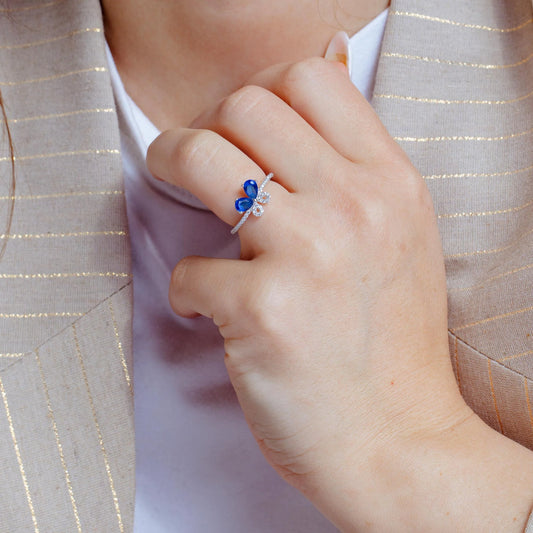 925 Sterling Silver Rhodium Plated Blue Butterfly CZ Ring