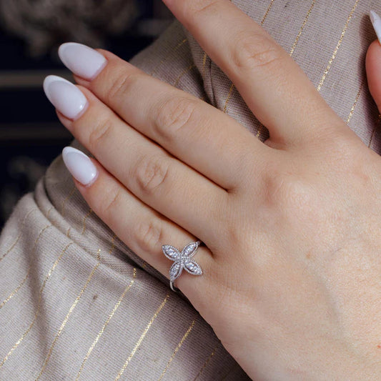 925 Sterling Silver Rhodium Plated Four Petal Ring with CZ