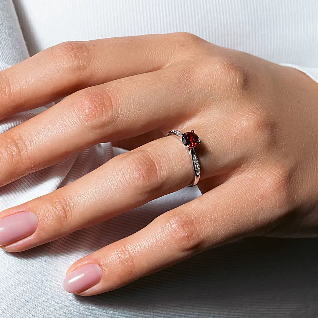925 Sterling Silver Rhodium Plated Round Red CZ Center Stone Ring