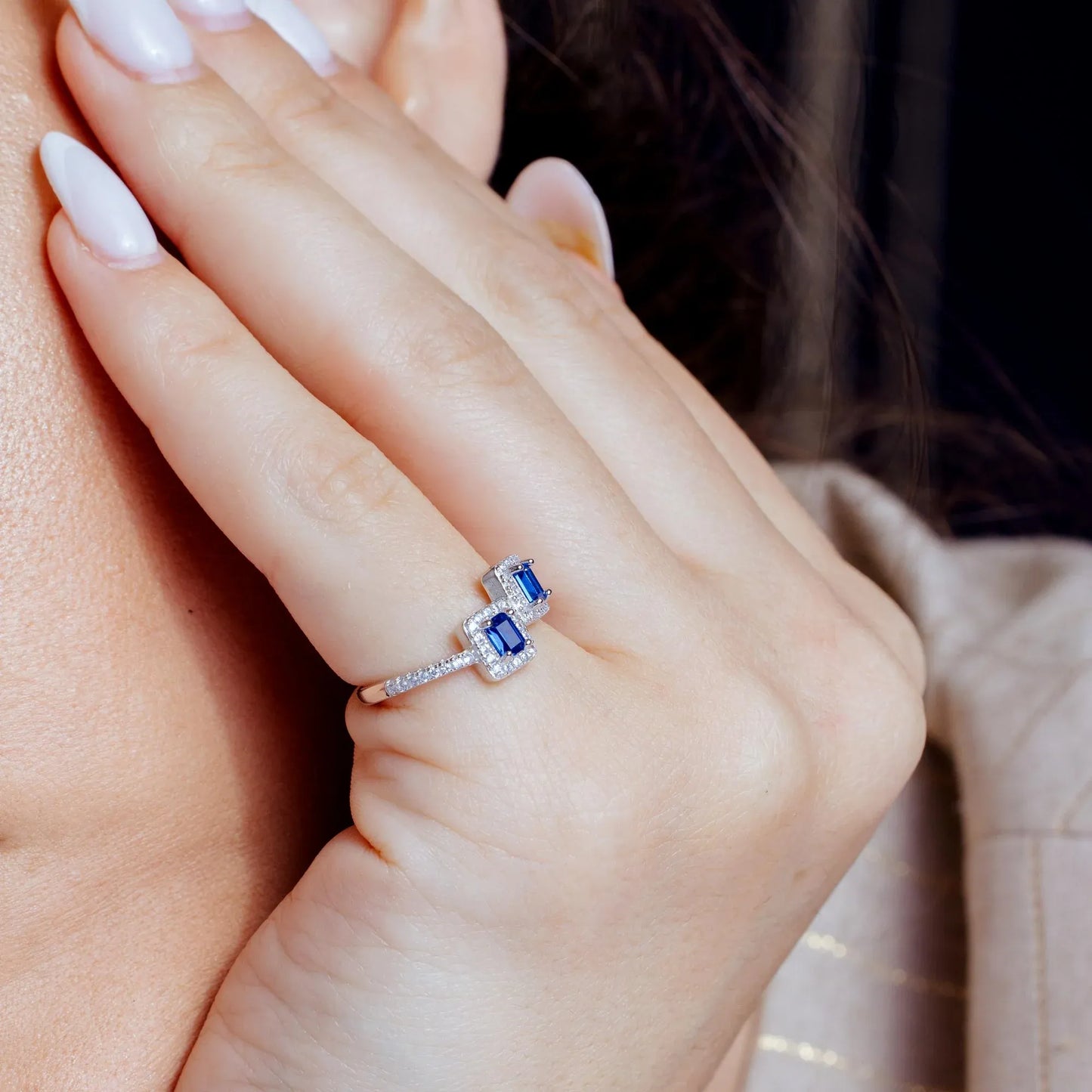 925 Sterling Silver Rhodium Plated Double Square Blue Center CZ Ring