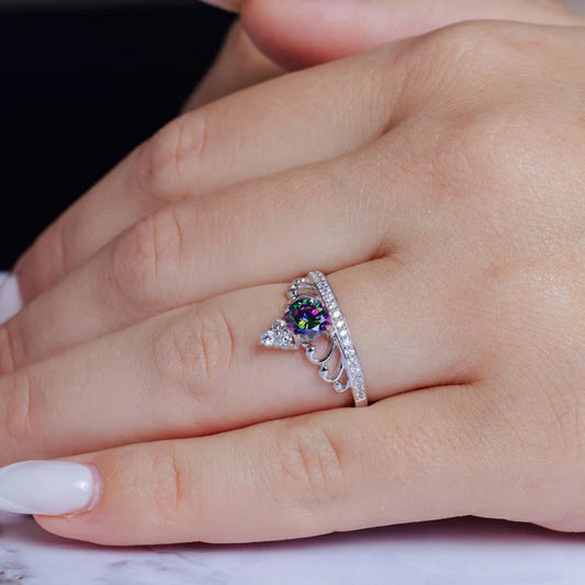 925 Sterling Silver Rhodium Plated  Crown Synthetic Mystic Topaz CZ Ring