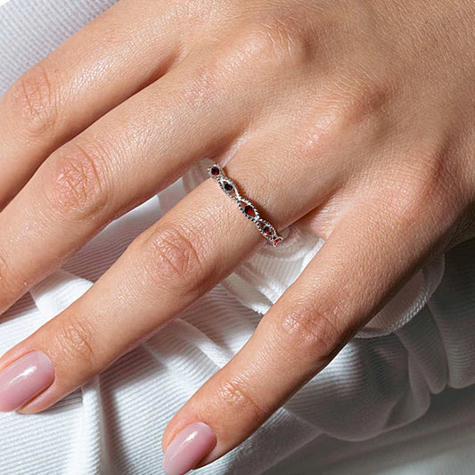 925 Sterling Silver Rhodium Plated Intersecting Waves Red CZ Ring