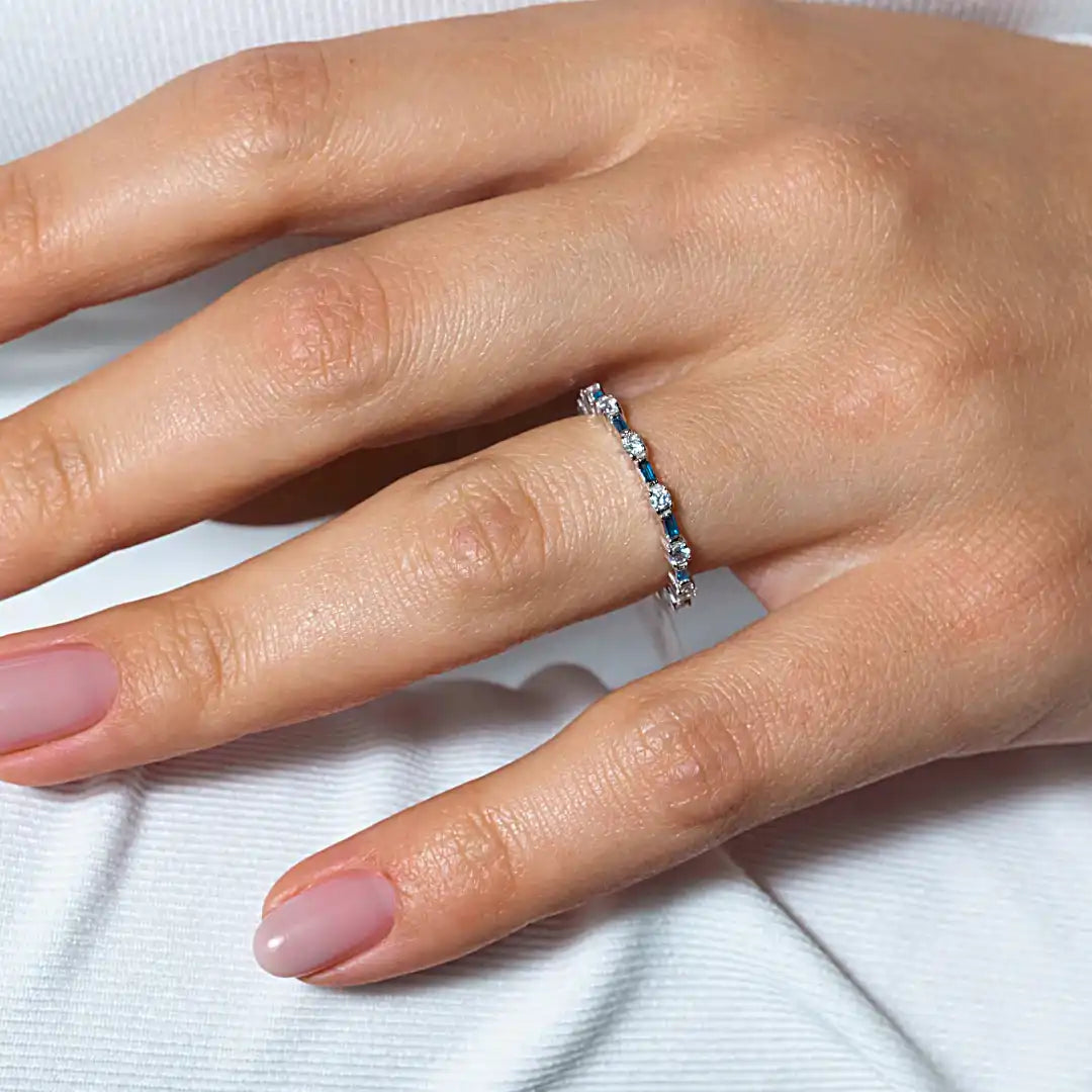925 Sterling Silver Alternating Blue Clear CZ Eternity Band