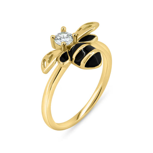 925 Sterling Silver Gold Plated Bee Clear CZ Ring