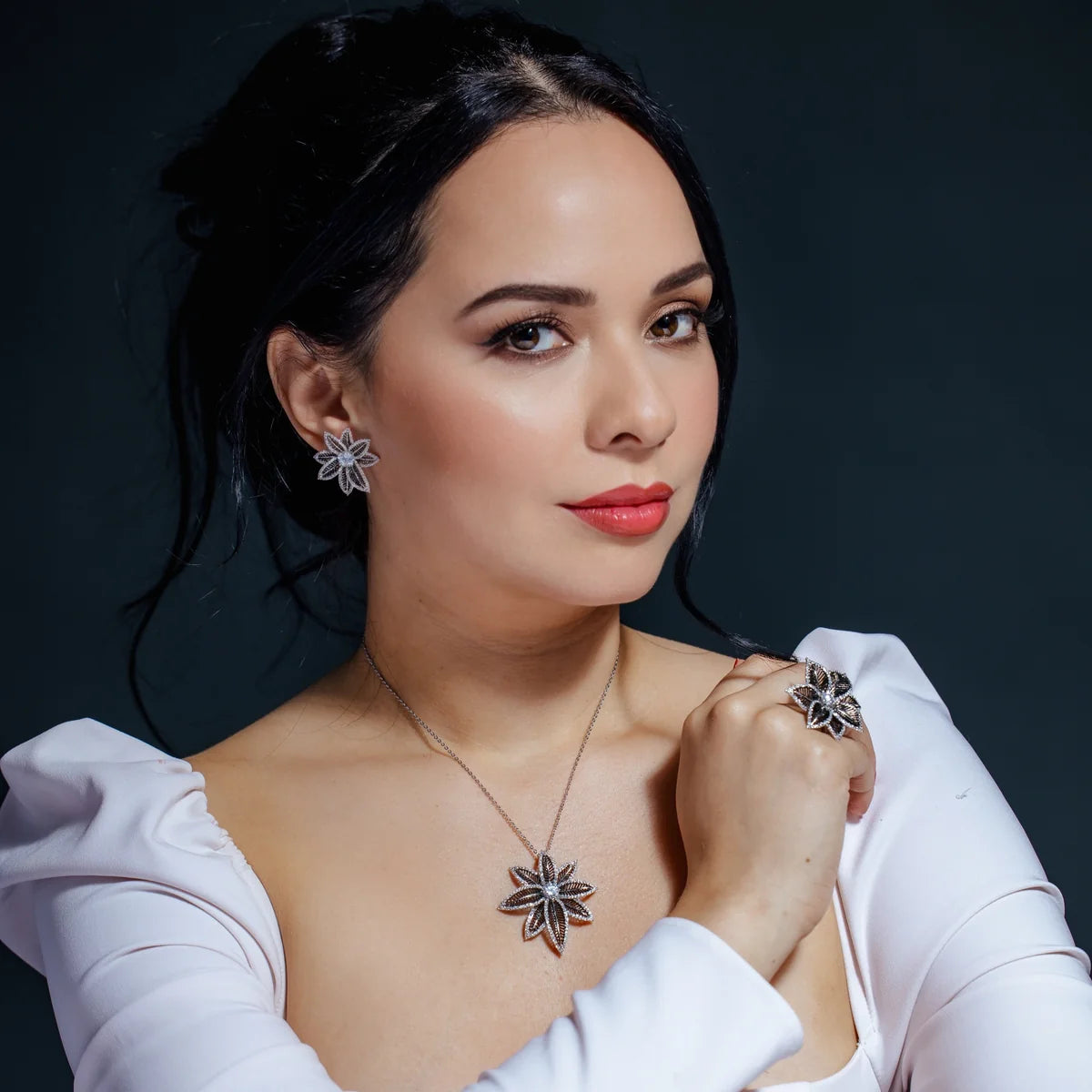 925 Silver Clearance-Rhodium and Black Rhodium Plated Spiny Pointed Flower Clear CZ Stud Earring and Necklace Set