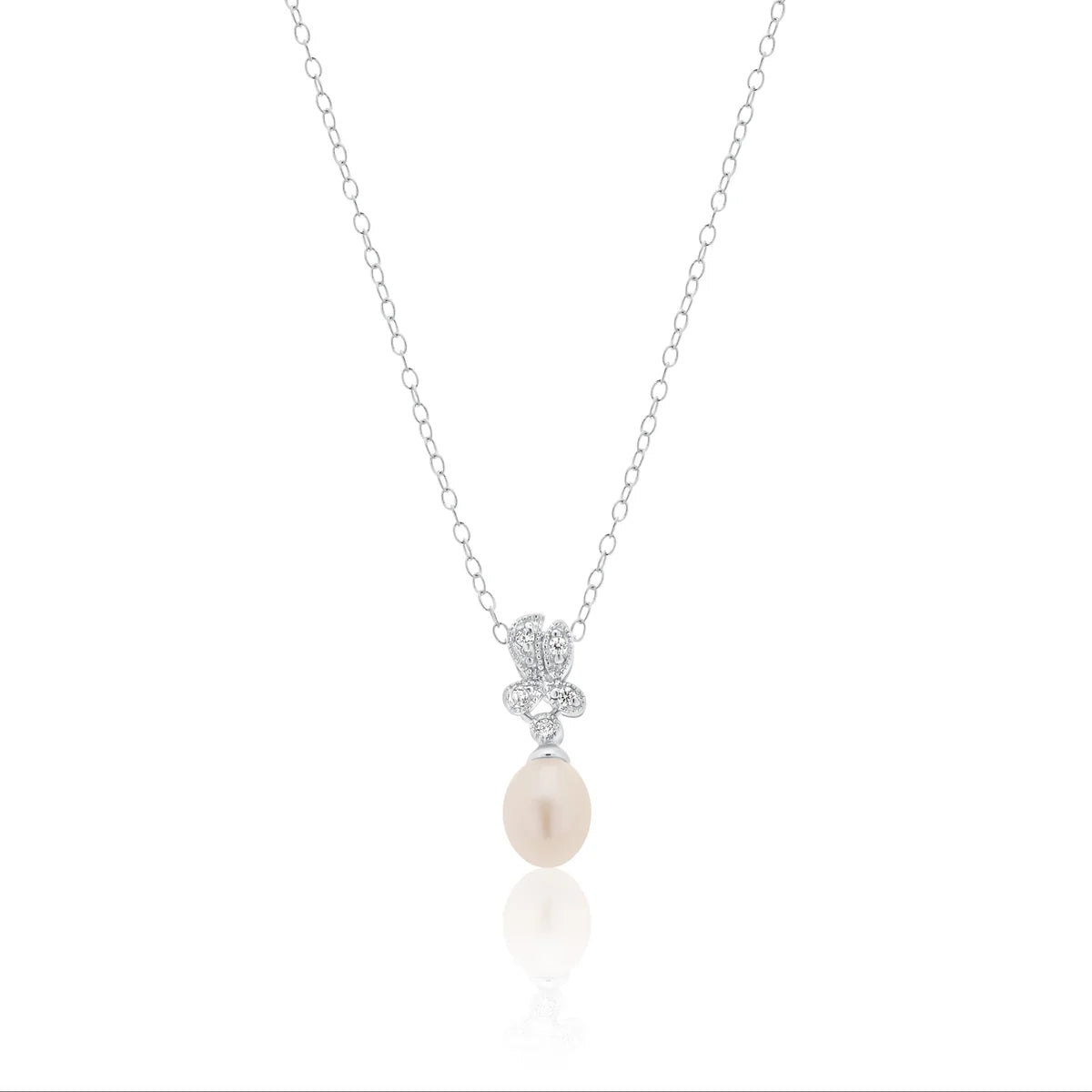 925 Silver Rhodium Plated Fresh Water Pearl Flower Clear CZ Hanging Set