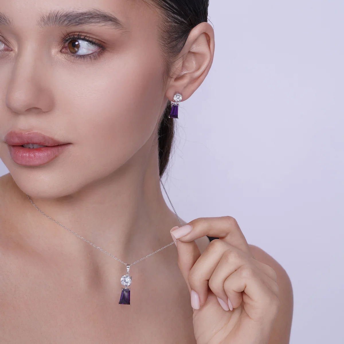 925 Sterling Silver Rhodium Plated Clear Round Rectangular CZ Birthstone Earring and Pendant Set