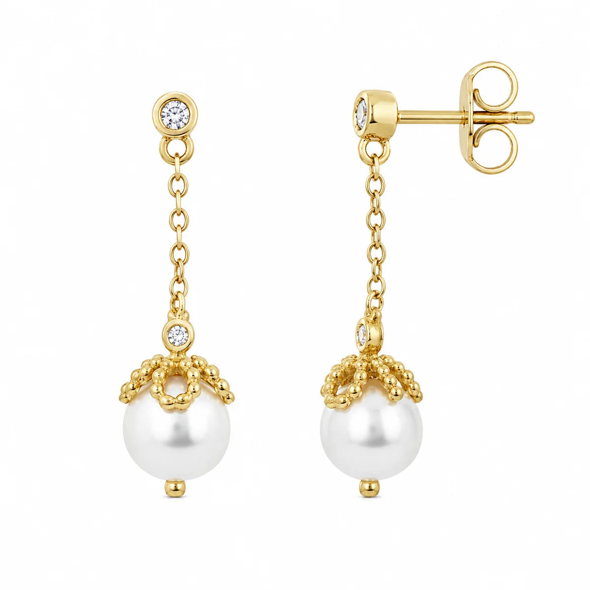 925 Silver Gold Plated CZ & Pearl Dangle Stud Earring and Necklace Set
