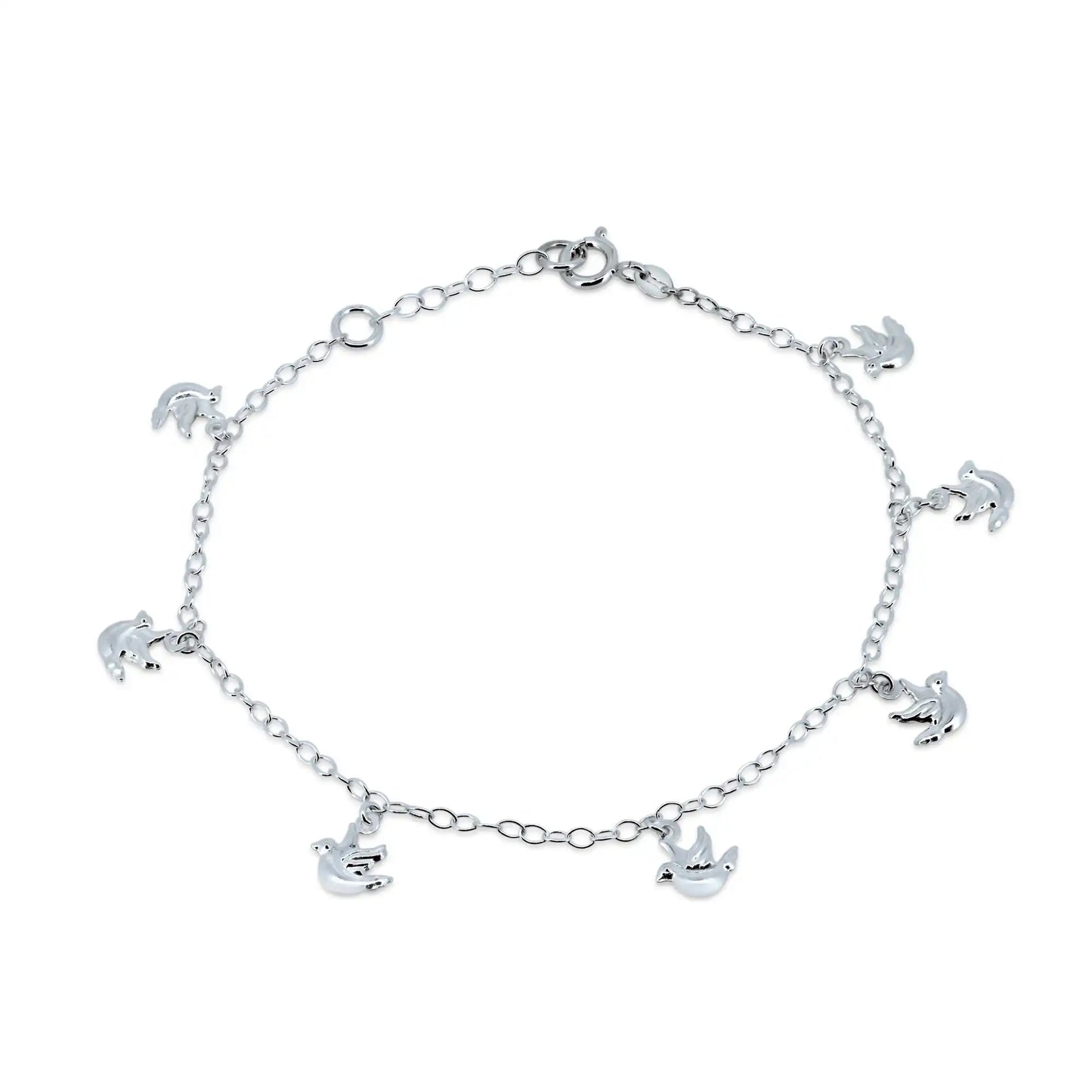 925 Sterling Silver High Polished Outline Dove Charm Link Anklets