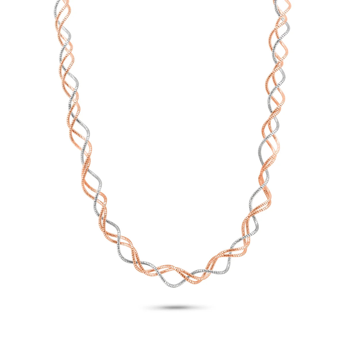 925 Sterling Silver 2 Toned Rose Gold and Rhodium Plated Triple Twisted Italian Necklace