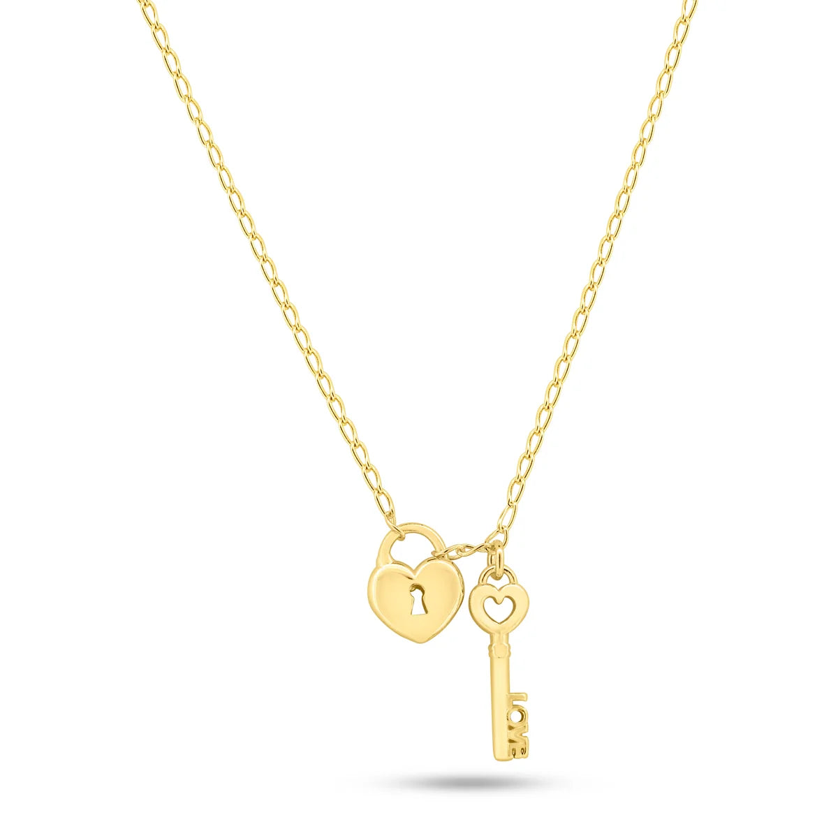 925 Sterling Silver Gold Plated Medium Love Key and Heart Lock Necklace