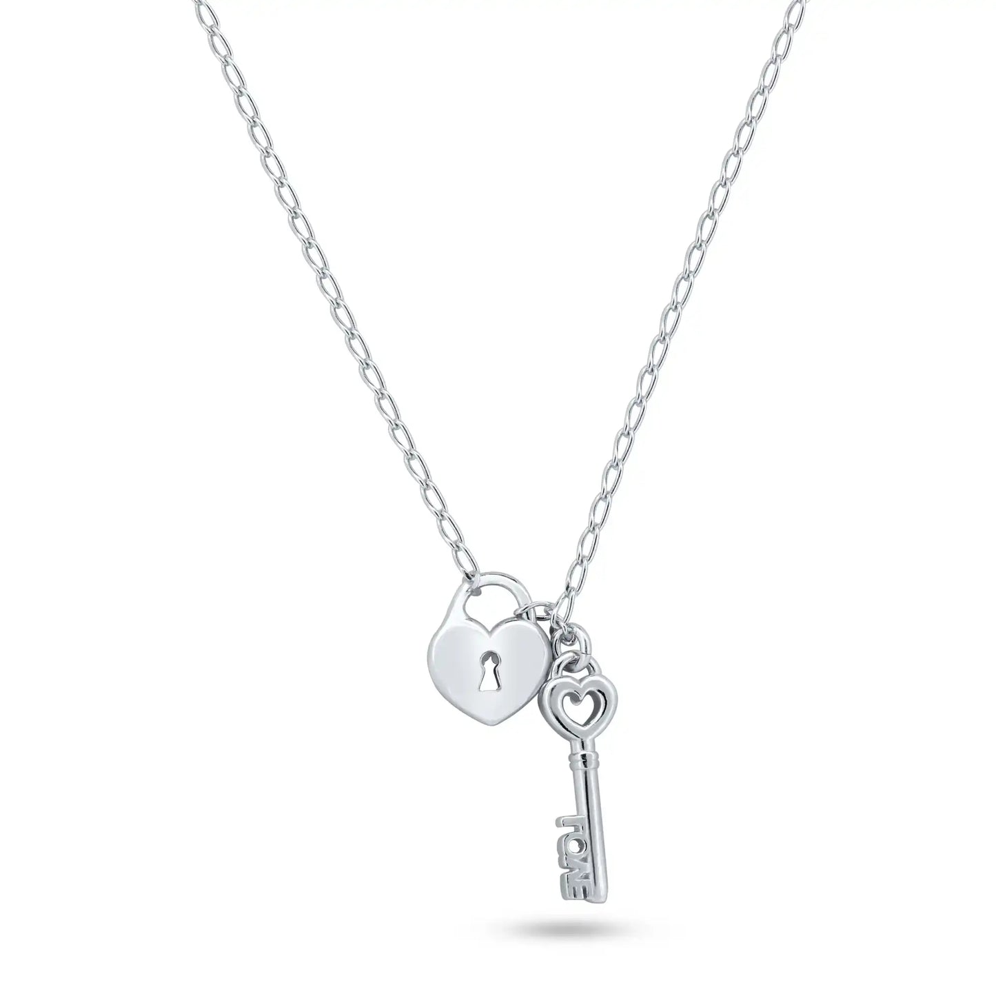 925 Sterling Silver Rhodium Plated Medium Love Key and Heart Lock Necklace