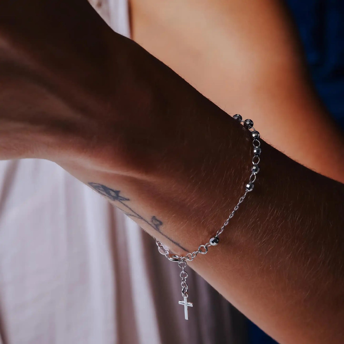 925 Sterling Silver Rhodium Plated DC Bead Cross Rosary Bracelet