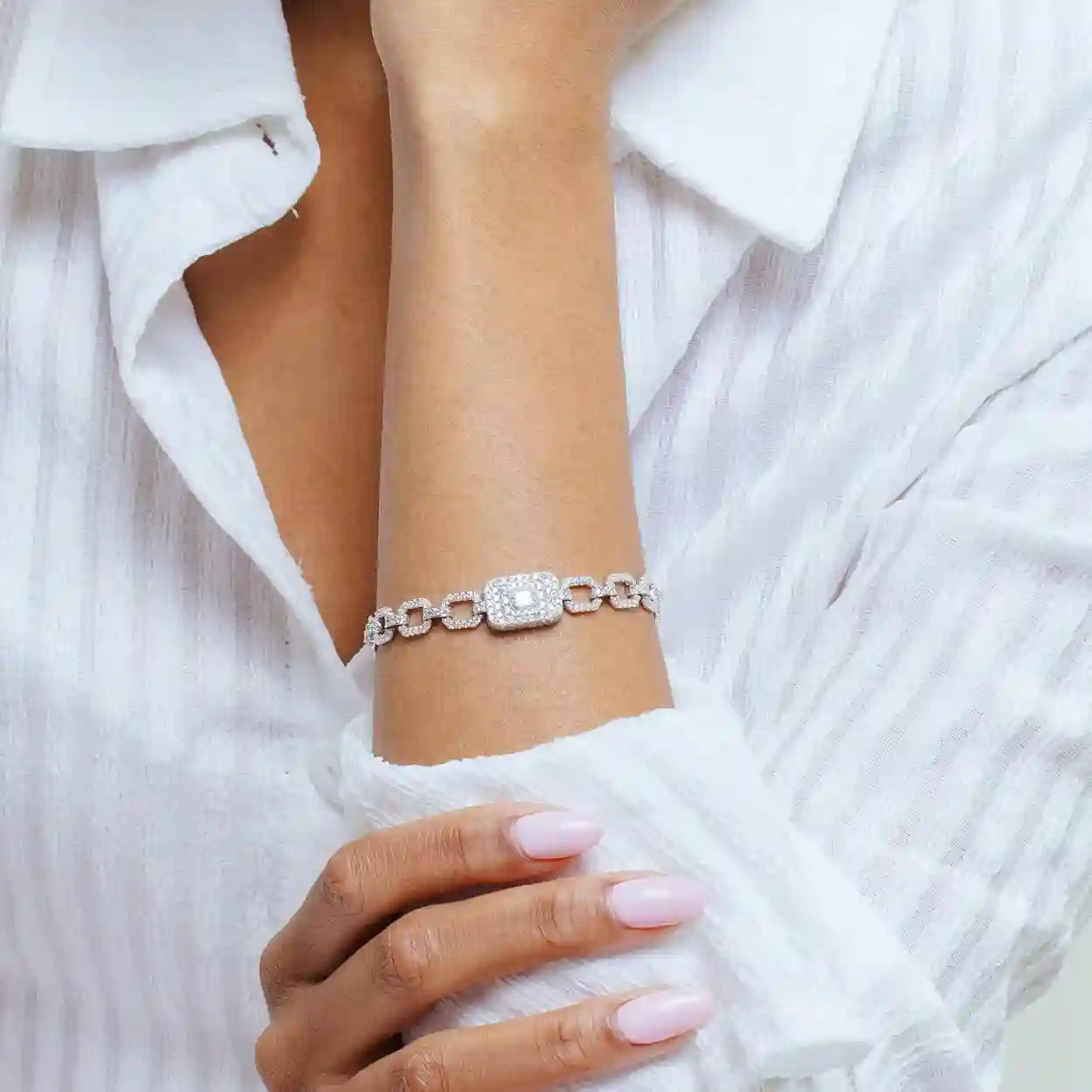 925 Sterling Silver Rhodium Plated Square Link CZ and Baguette Bracelet