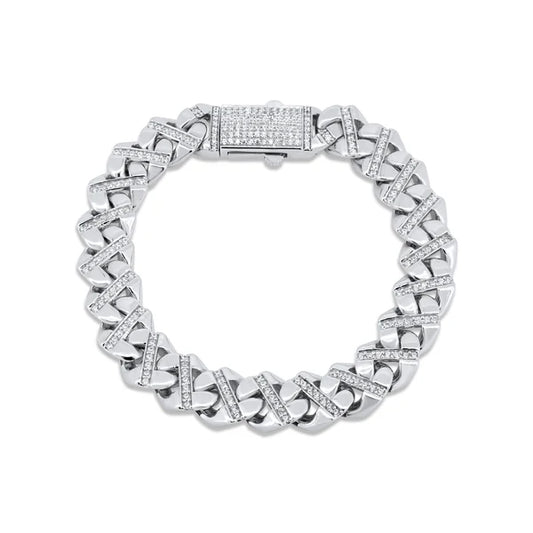 925 Sterling Silver Rhodium Plated Cuban CZ 12mm Bracelet