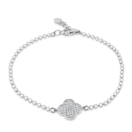 925 Sterling Silver Rhodium Plated Bead Flower CZ Chain Bracelet