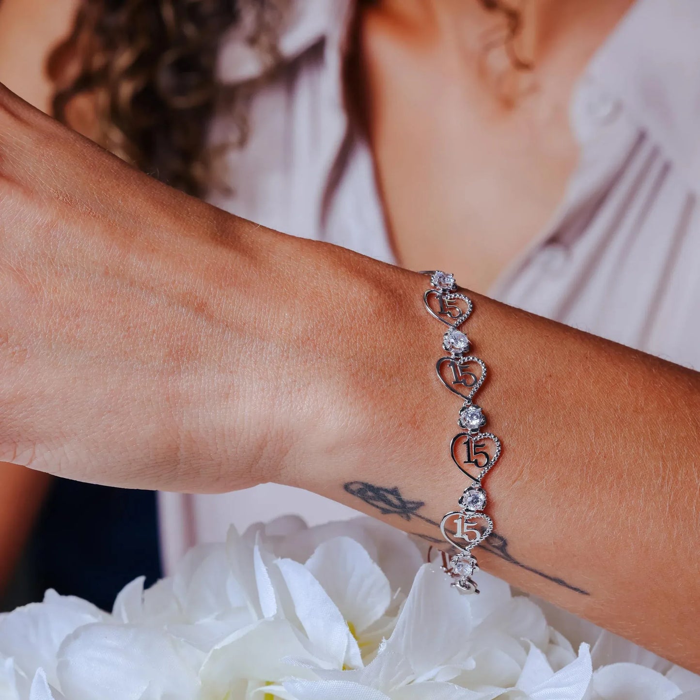 925 Sterling Silver Rhodium Plated Flower and Hearts Quincenera Bracelet