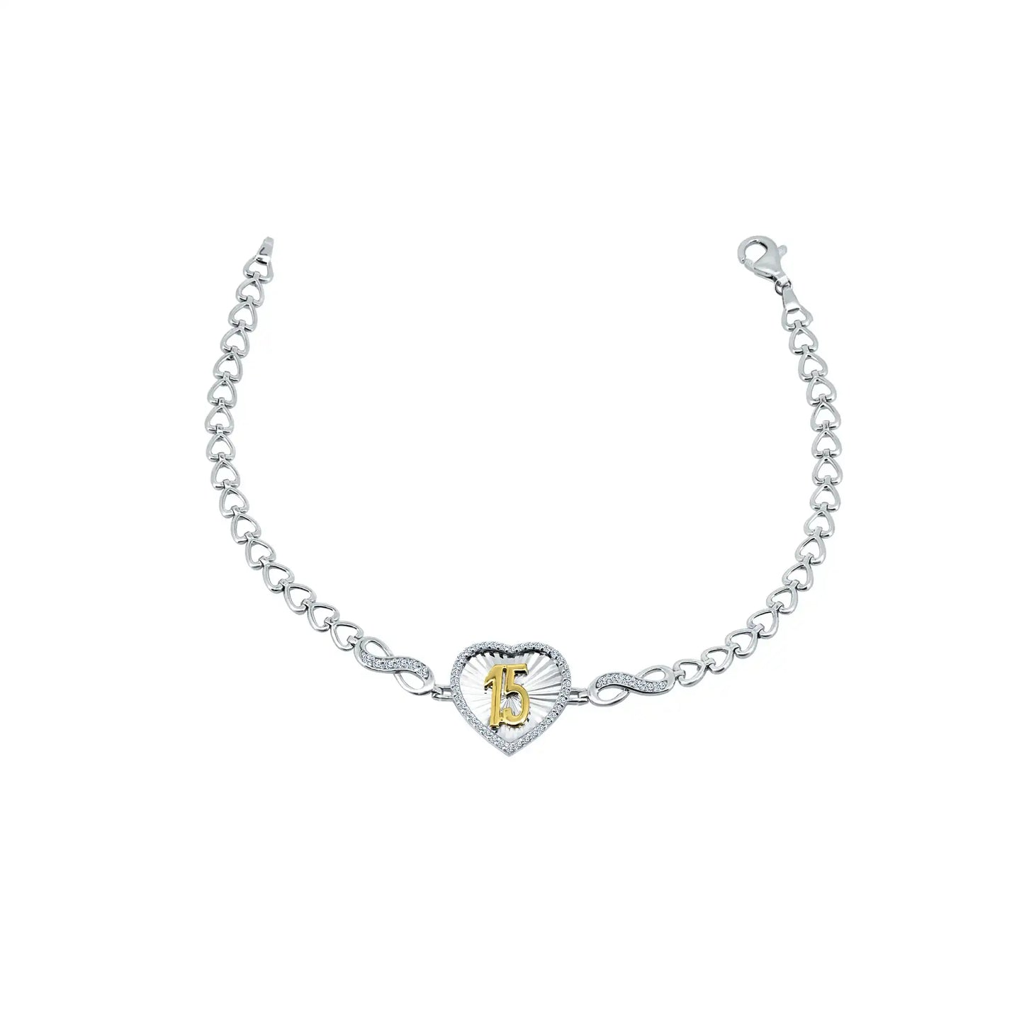 925 Sterling Silver Rhodium Plated Diamond Cut Quincinera Heart Infinity Clear CZ Bracelet