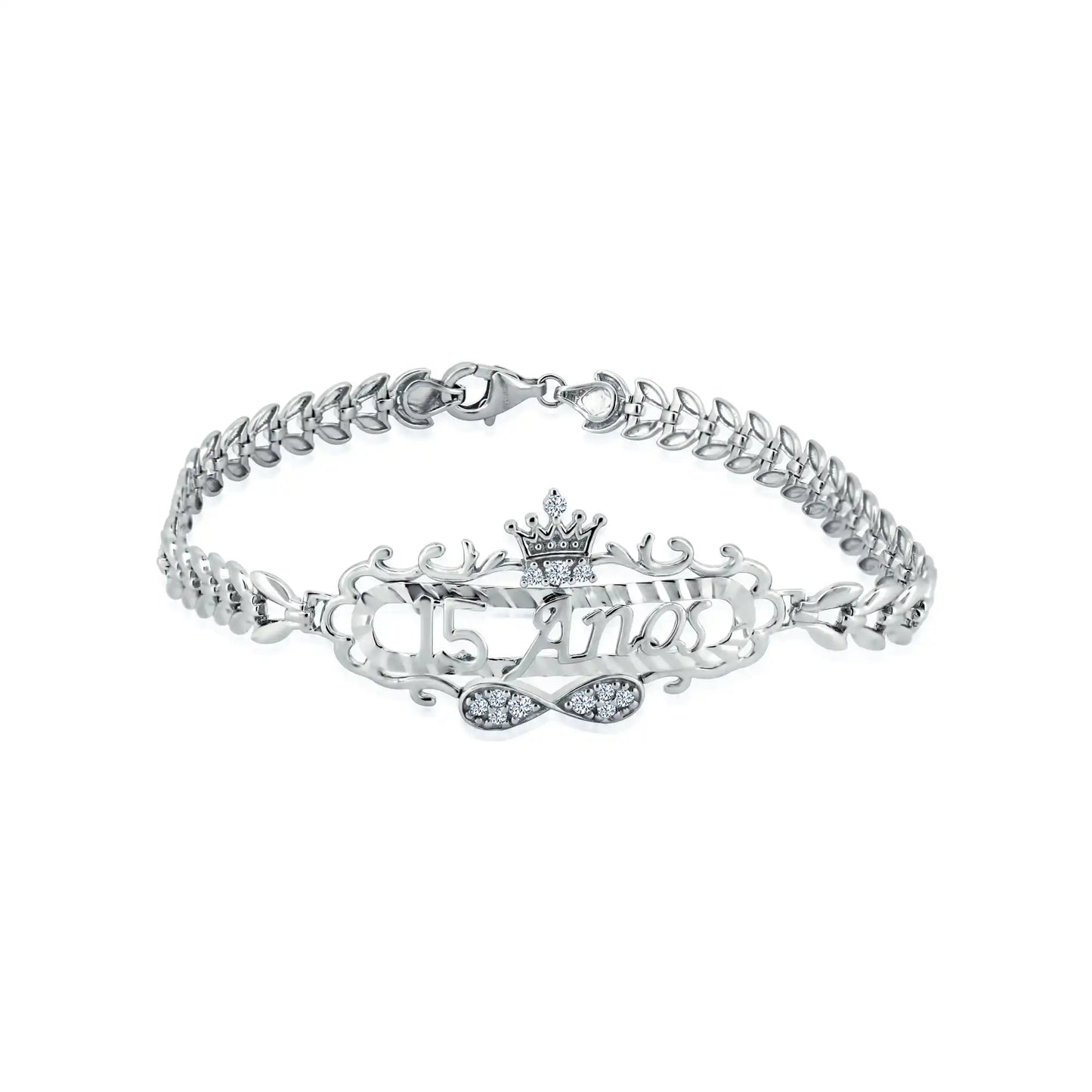 925 Sterling Silver Rhodium Plated Diamond Cut Quincinera Crown Infinity Clear CZ Bracelet