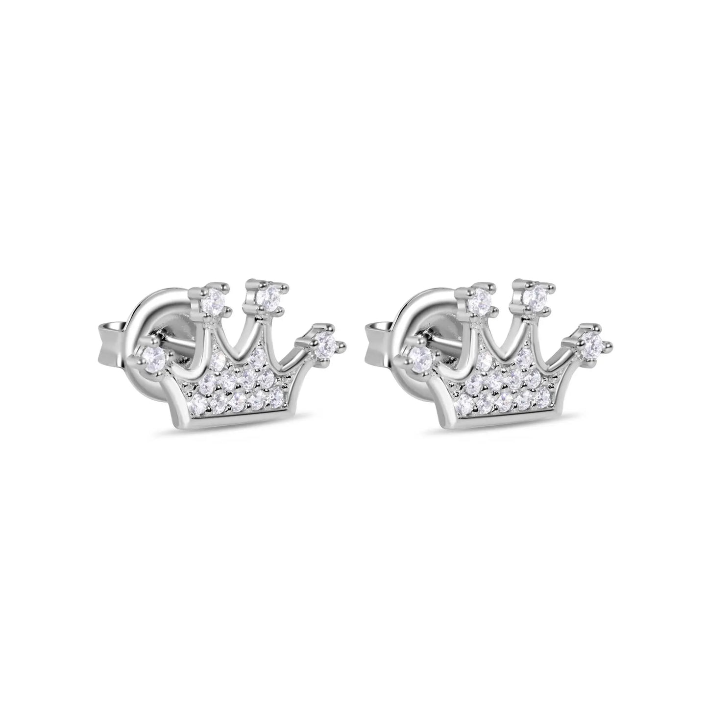 925 Sterling Silver Rhodium Plated CZ Crown Stud Earrings