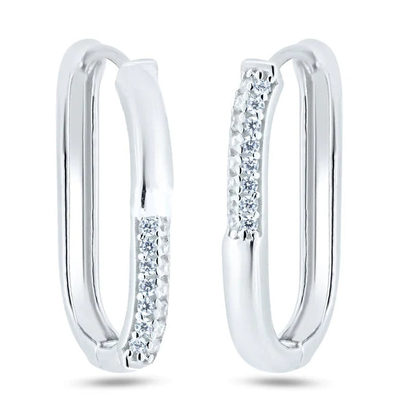 925 Sterling Silver Rhodium Plated CZ Oval Hoop Earrings