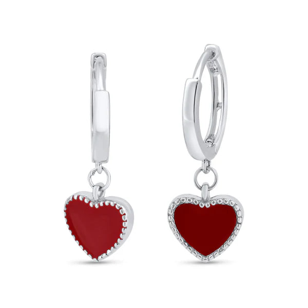 925 Sterling Silver Rhodium Plated Red Enamel Heart 10mm Hoop Earrings
