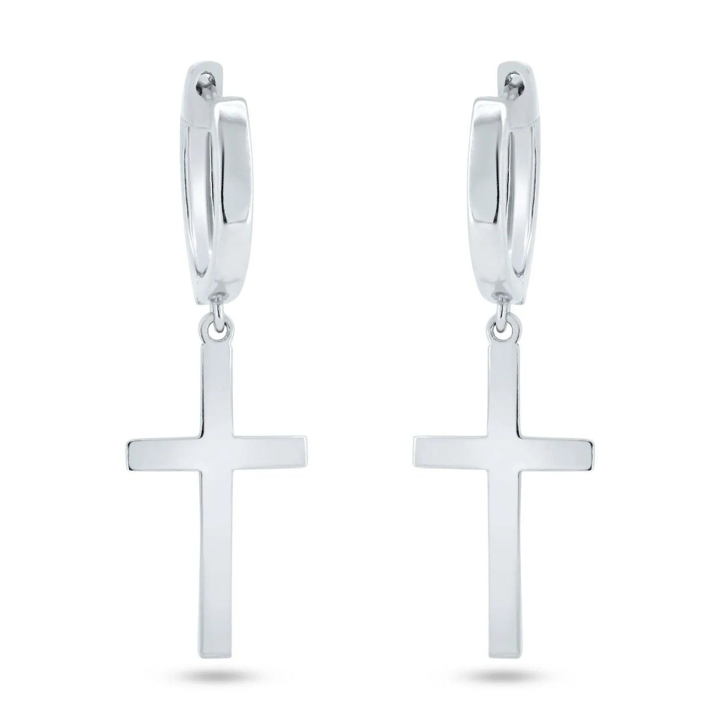 925 Sterling Silver Rhodium Plated Dangling Cross 13.4mm Hoop Huggie Earrings