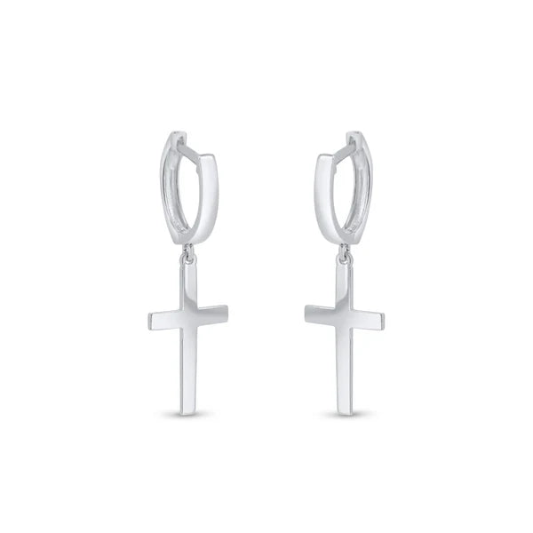 925 Sterling Silver Rhodium Plated Cross 10mm Hoop Huggie Earrings