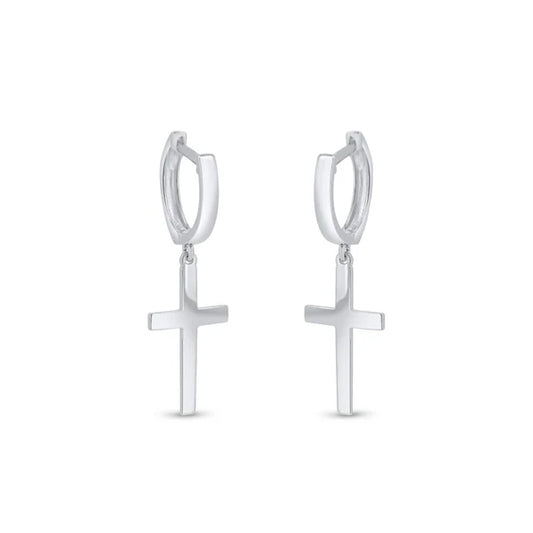 925 Sterling Silver Rhodium Plated Cross 10mm Hoop Huggie Earrings