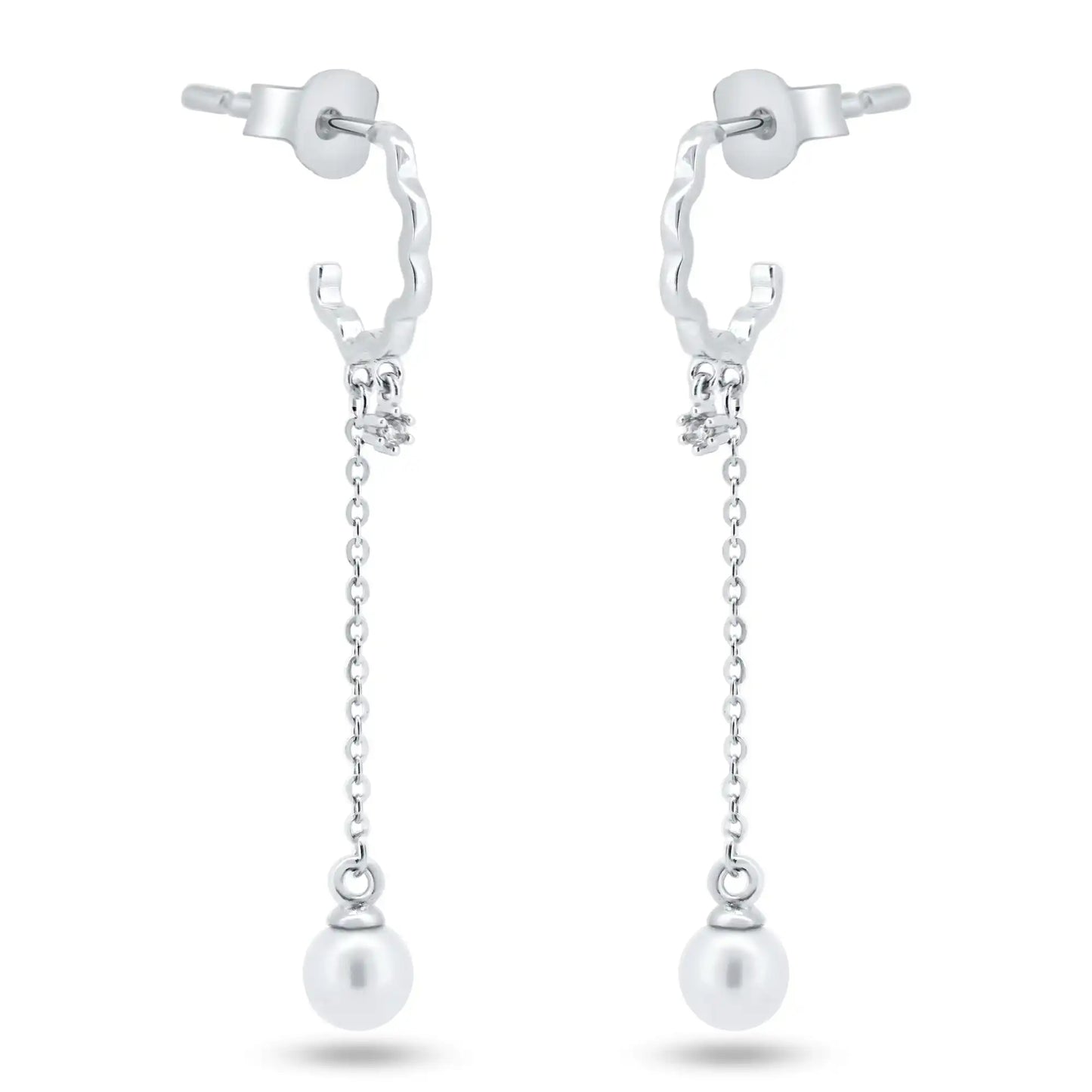 925 Sterling Silver Rhodium Plated Dangling Pearl Semi Hoop CZ Earrings