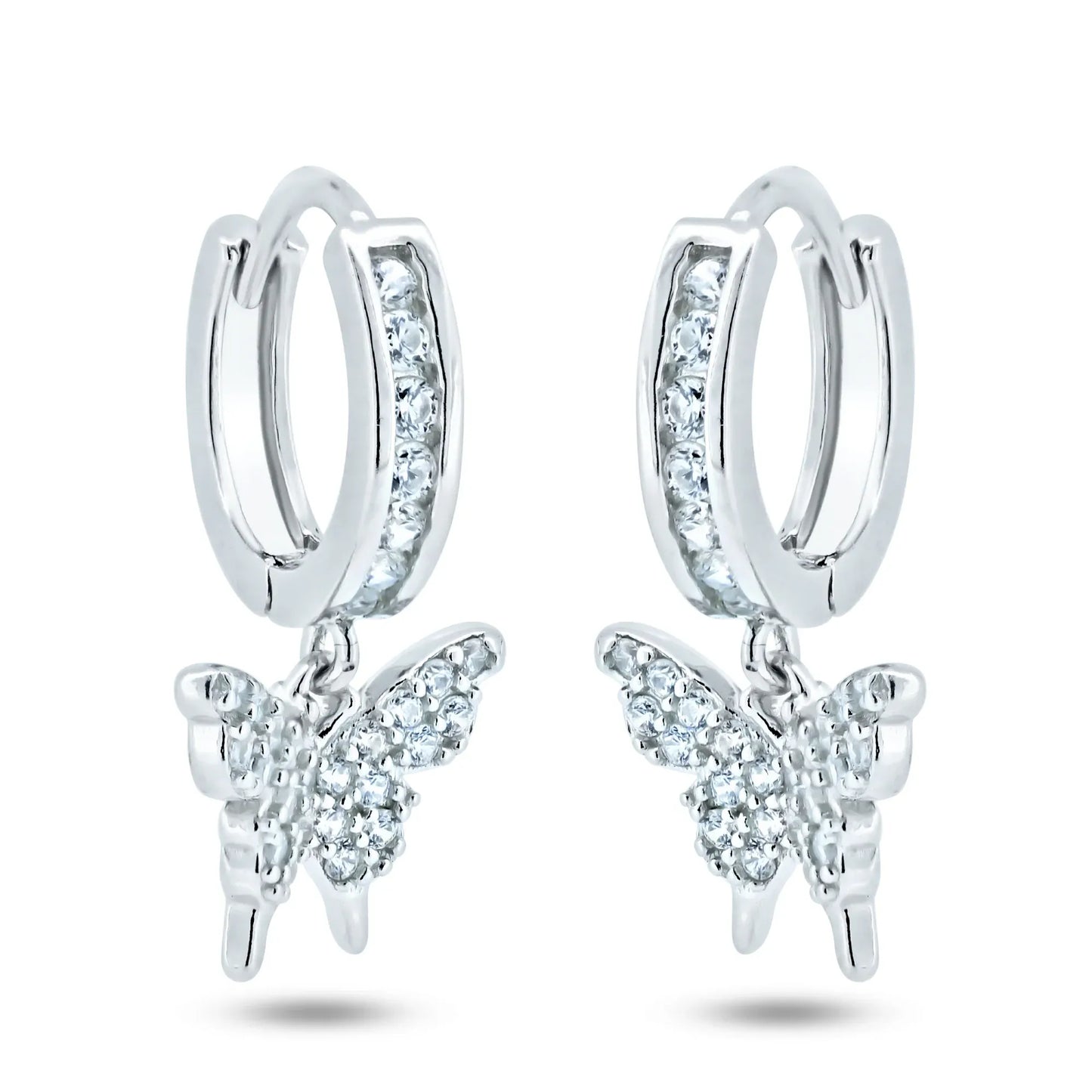 925 Sterling Silver Rhodium Plated Dangling Butterfly Huggie Earrings