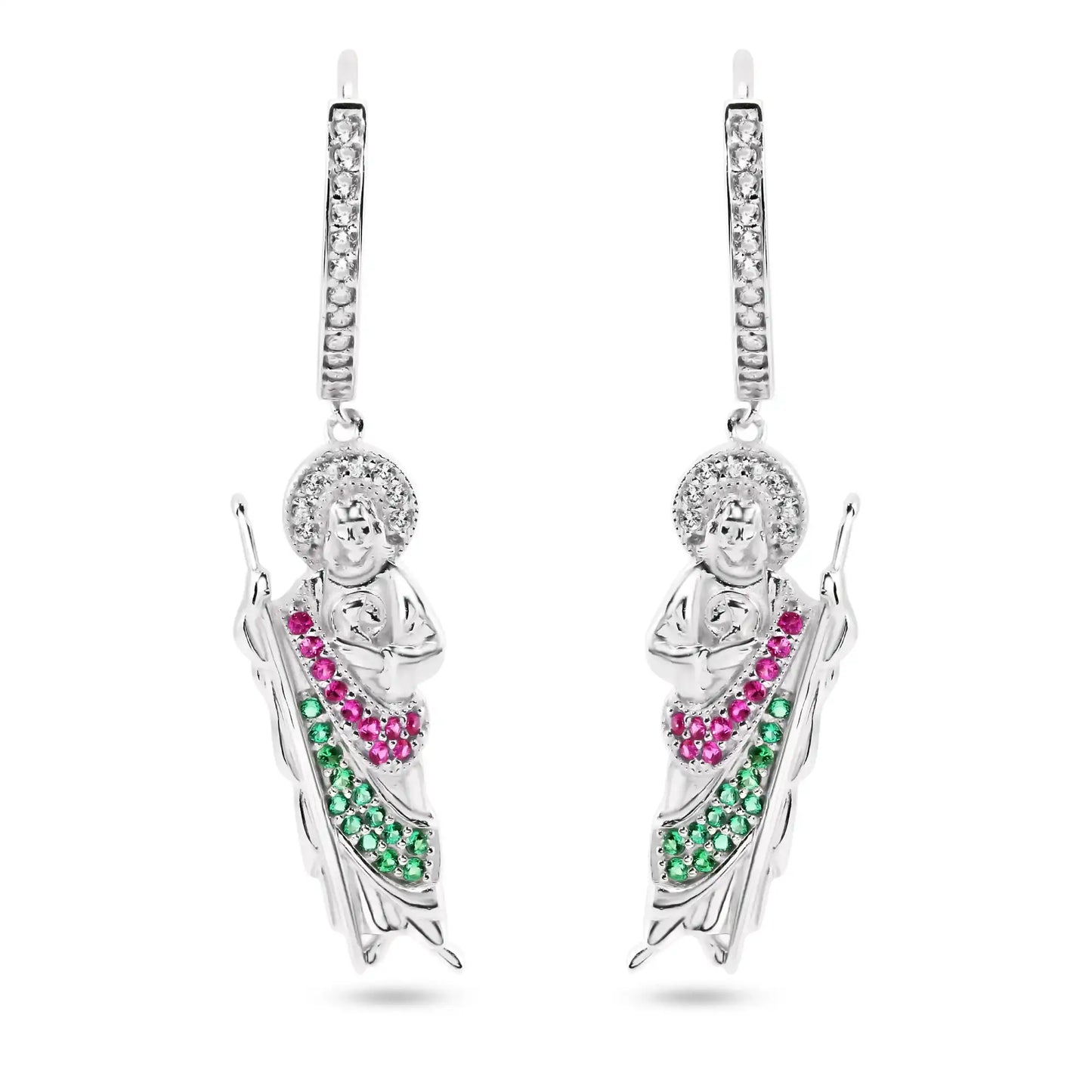 925 Sterling Silver Rhodium Plated Dangling St Jude Hoop Clear CZ Earrings