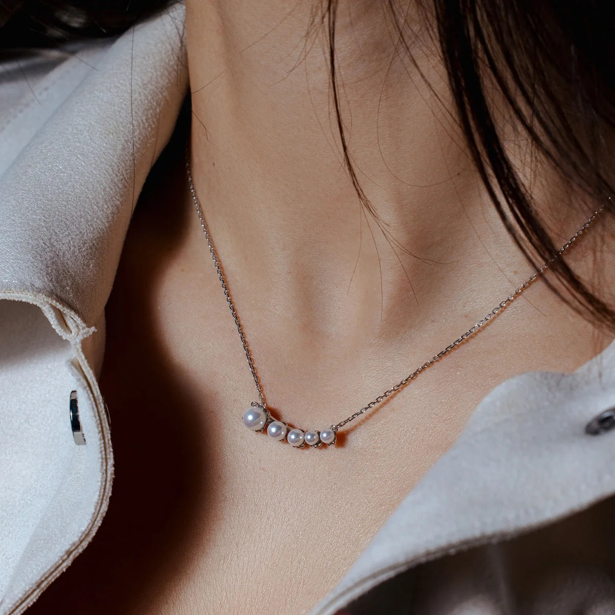 925 Silver Rhodium Plated Graduated Fresh Water Pearl Necklace