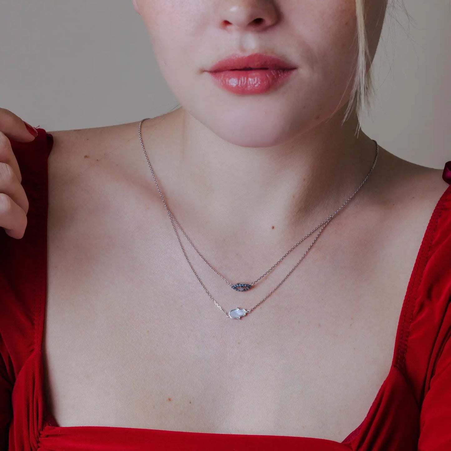 925 Sterling Silver Rhodium Plated Hamsa Hand and Evil Eye Necklace