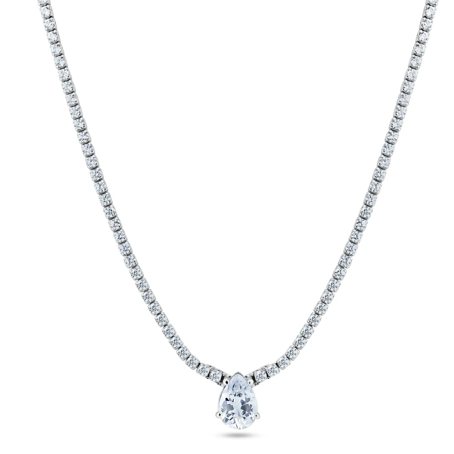 925 Sterling Silver Rhodium Plated Teardrop Centered Tennis CZ Necklace