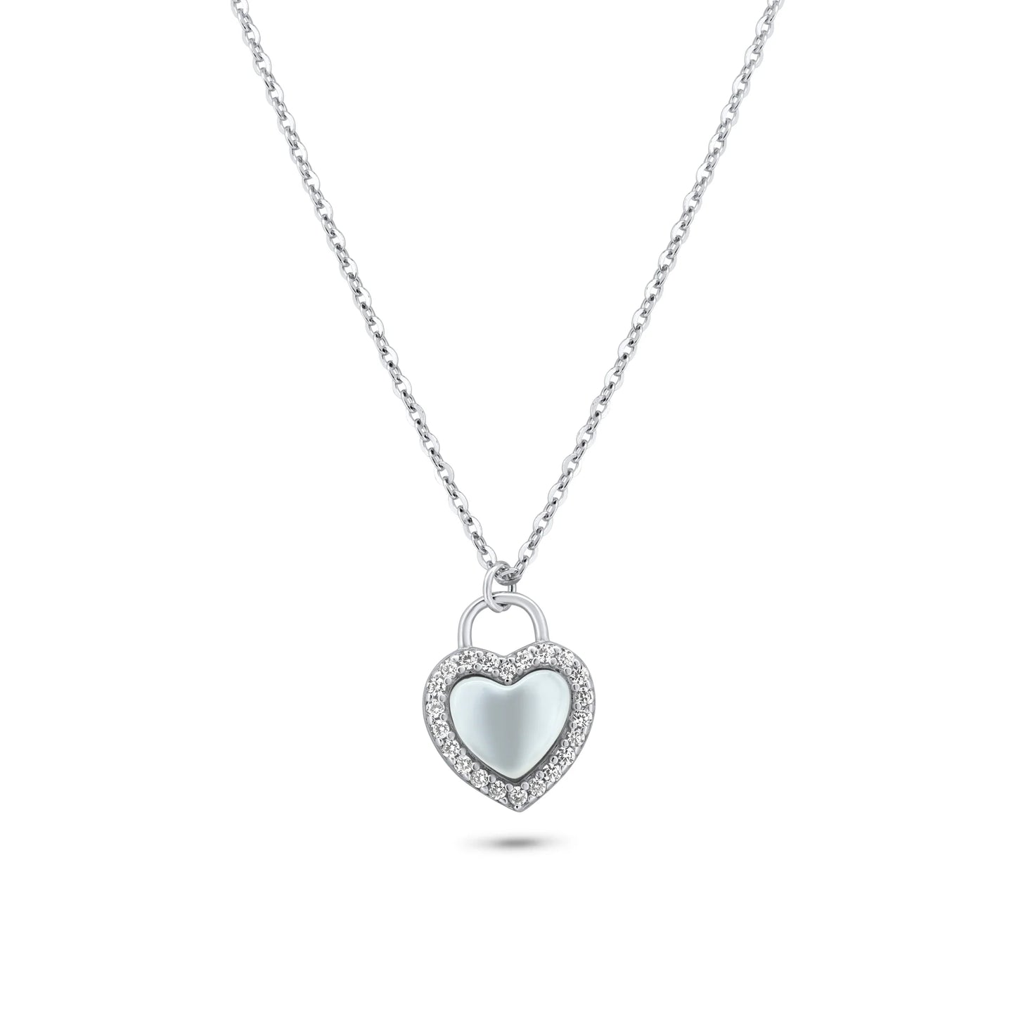 925 Sterling Silver Rhodium Plated Heart CZ Mother of Pearl Necklace