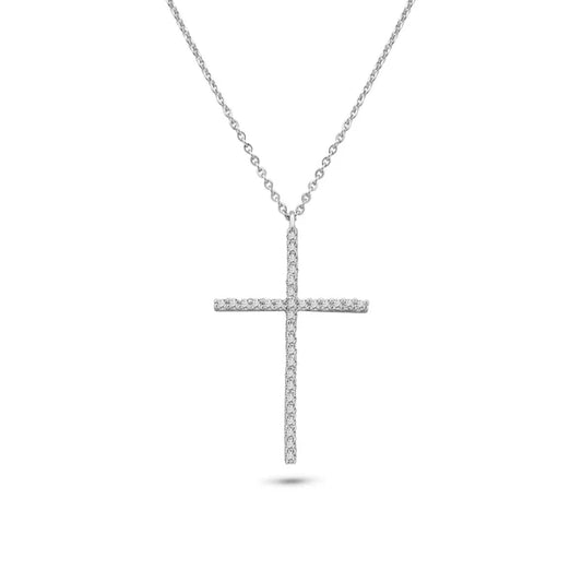 925 Sterling Silver Rhodium Plated Cross CZ Necklace