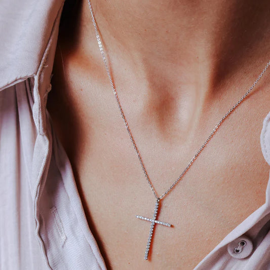 925 Sterling Silver Rhodium Plated Cross CZ Necklace