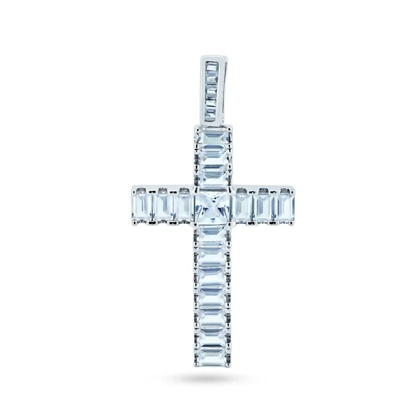 925 Sterling Silver Rhodium Plated CZ Baguette Cross Pendant