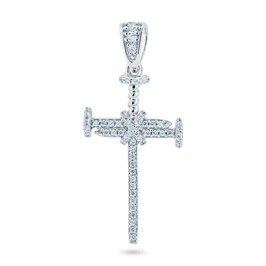 925 Sterling Silver Rhodium Plated CZ Small Nail Cross Pendant