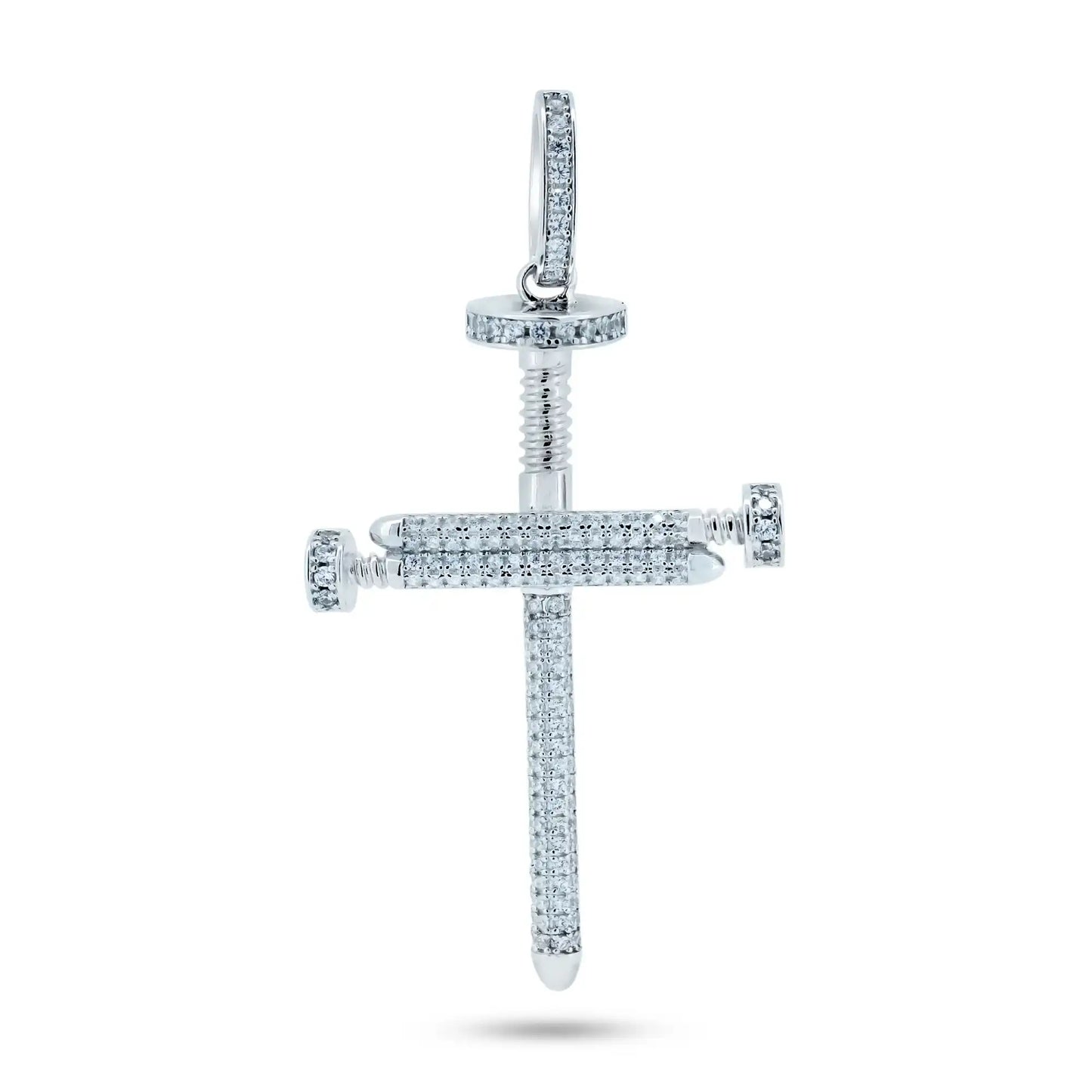 925 Sterling Silver Rhodium Plated CZ Large Nail Cross Pendant
