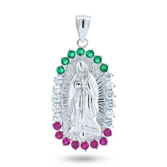 925 Sterling Silver Rhodium Plated CZ Lady of Guadalupe Pendant